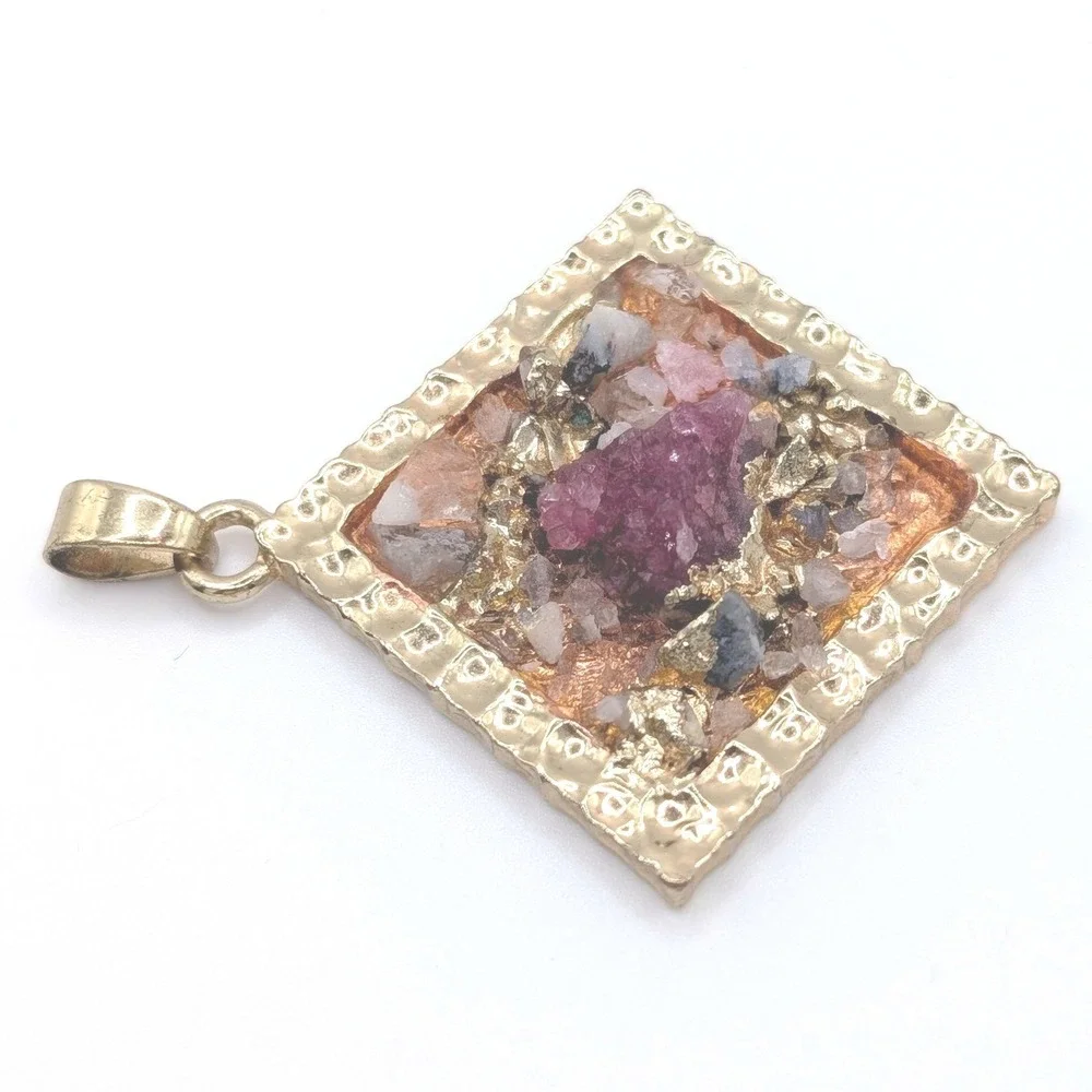 Gold Tone Square Raw Stone Cluster Pendant Magenta Quartz Bohemian Jewelry